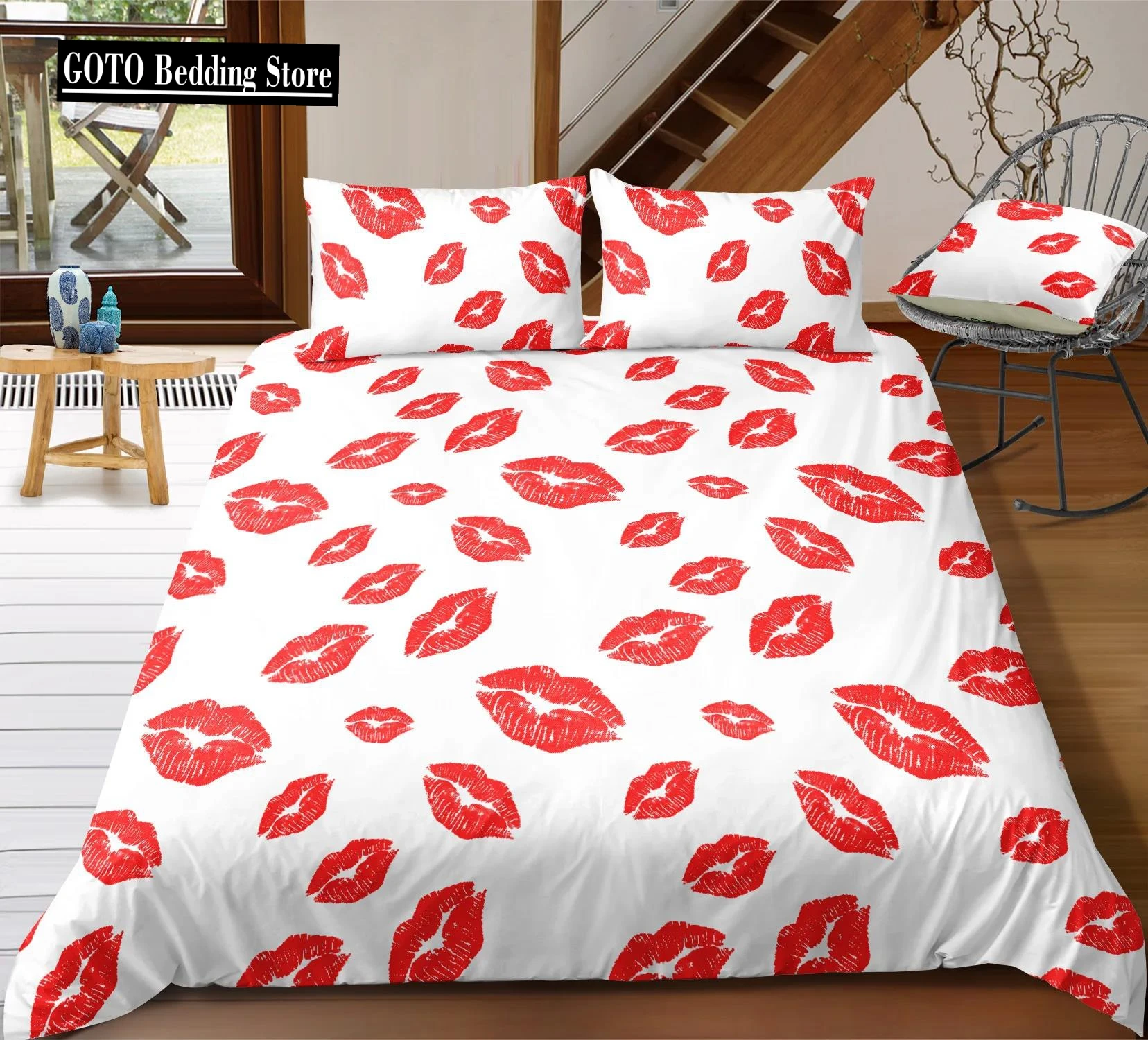 Reactive Printing Sexy Red Lips Duvet Cover Sets Cotton Pure White Background Bedding Set Single Double Bed Set Cover DropShip D