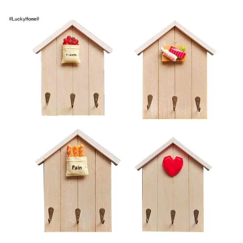 Wooden House Wall Mounted for Key Holder with 3 Hooks Decorative Shelf for Key Hanger for Entryway Kitchen Home 11UA