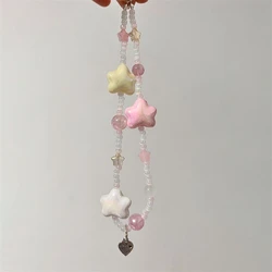 Korean Cute 3D Pink Star Heart Beaded Phone Chain Charm Lanyard For iPhone Samsung Huawei Universal Accessories Jewelry Pendant