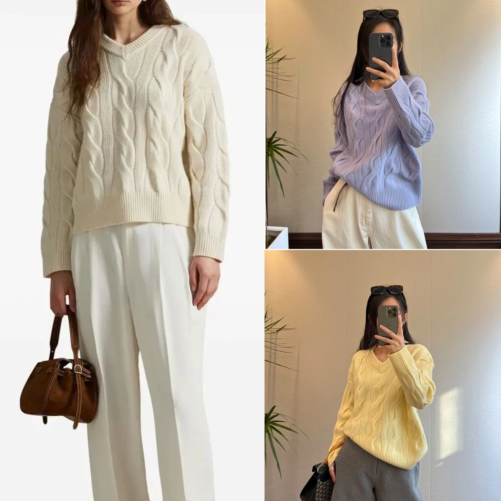 

American Sle Knitted Sweater V-Ne Loose Fit Wool Camere Long Sve ort Length Faion for Women