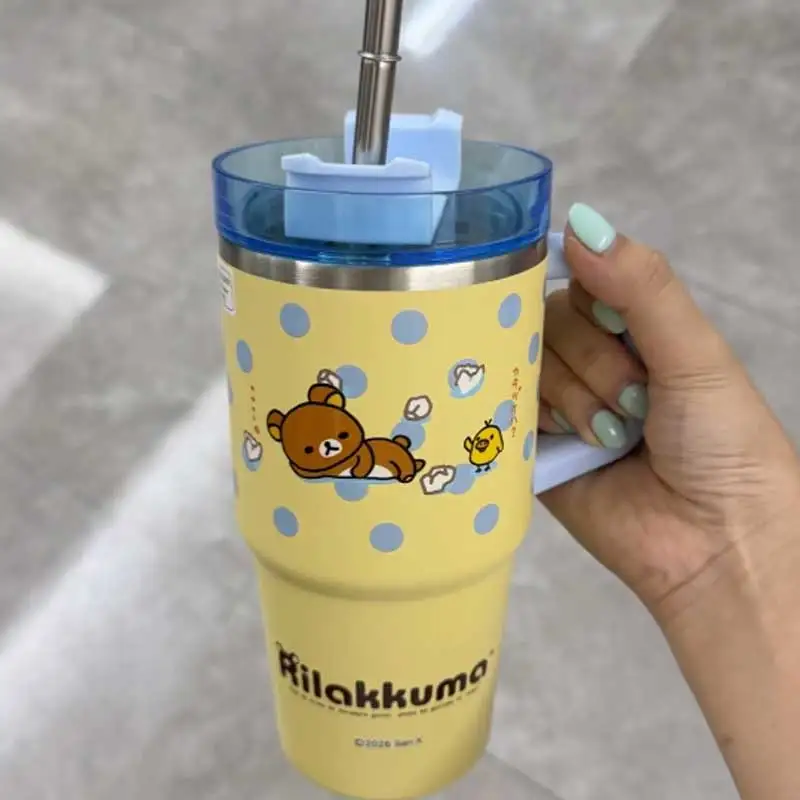 Rilakkuma Insulated Tumbler 680ml 304 Stainless Steel Double Wall Straw Water Cup With Handle Leakproof For Car Office Daily Use