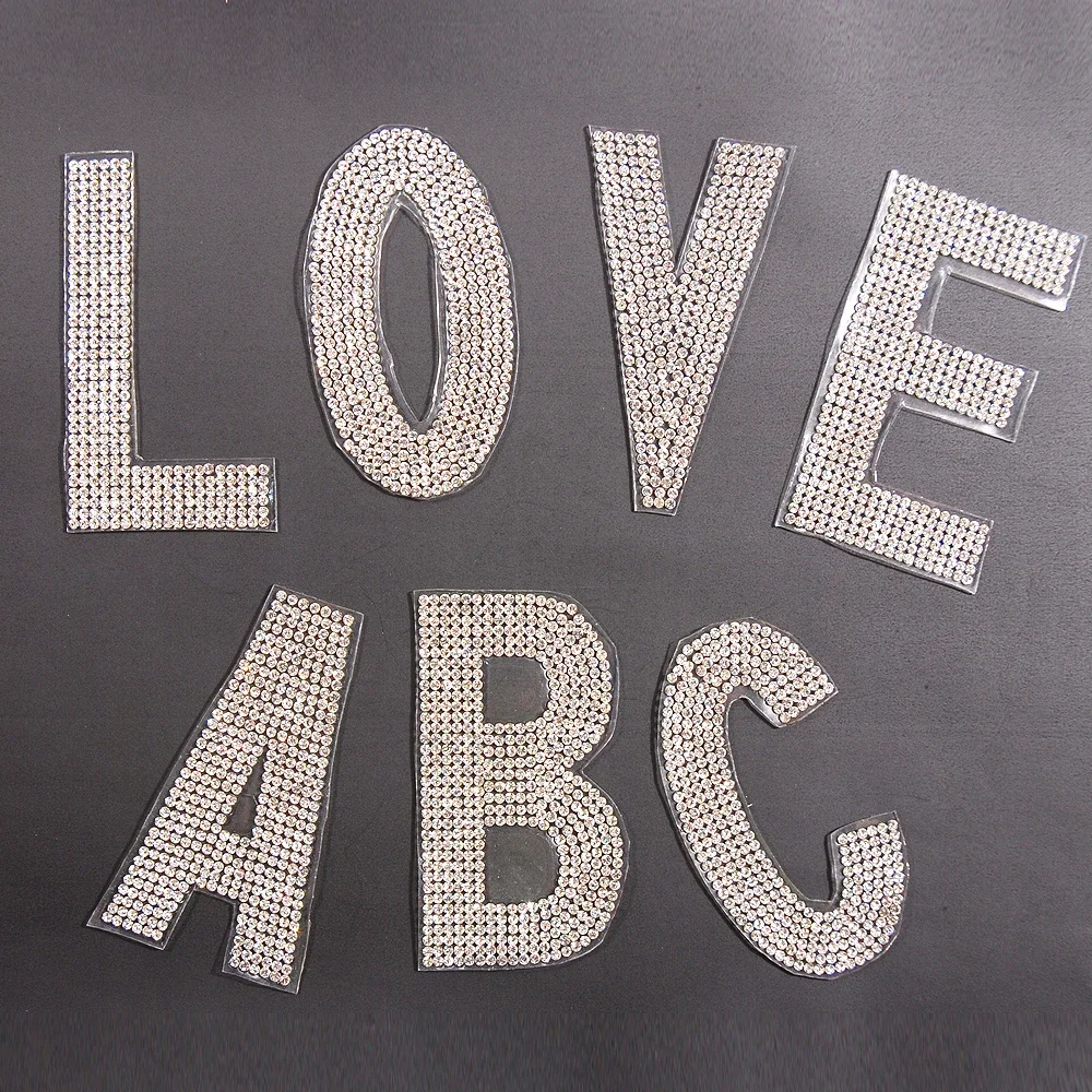 1pc/lot English Letter Sticker Hot Fix Glass Crystal Rhinestone Motif Iron On Transfer Applique Patches For Wedding Dress Decora