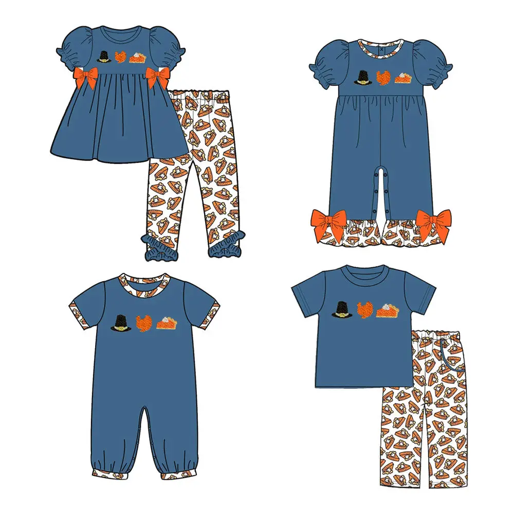 Thanksgiving Turkey Print Blue Short-Sleeve Top and Pants Boys and Girls Boutique Set and Matching Romper