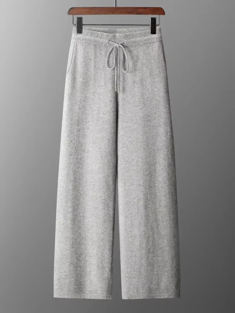 Light Business Men's Trousers Wide Leg Pants 100% Merino Wool Pant Autumn Winter Straight Pants Warm Lace-up Casual Thin Knitted