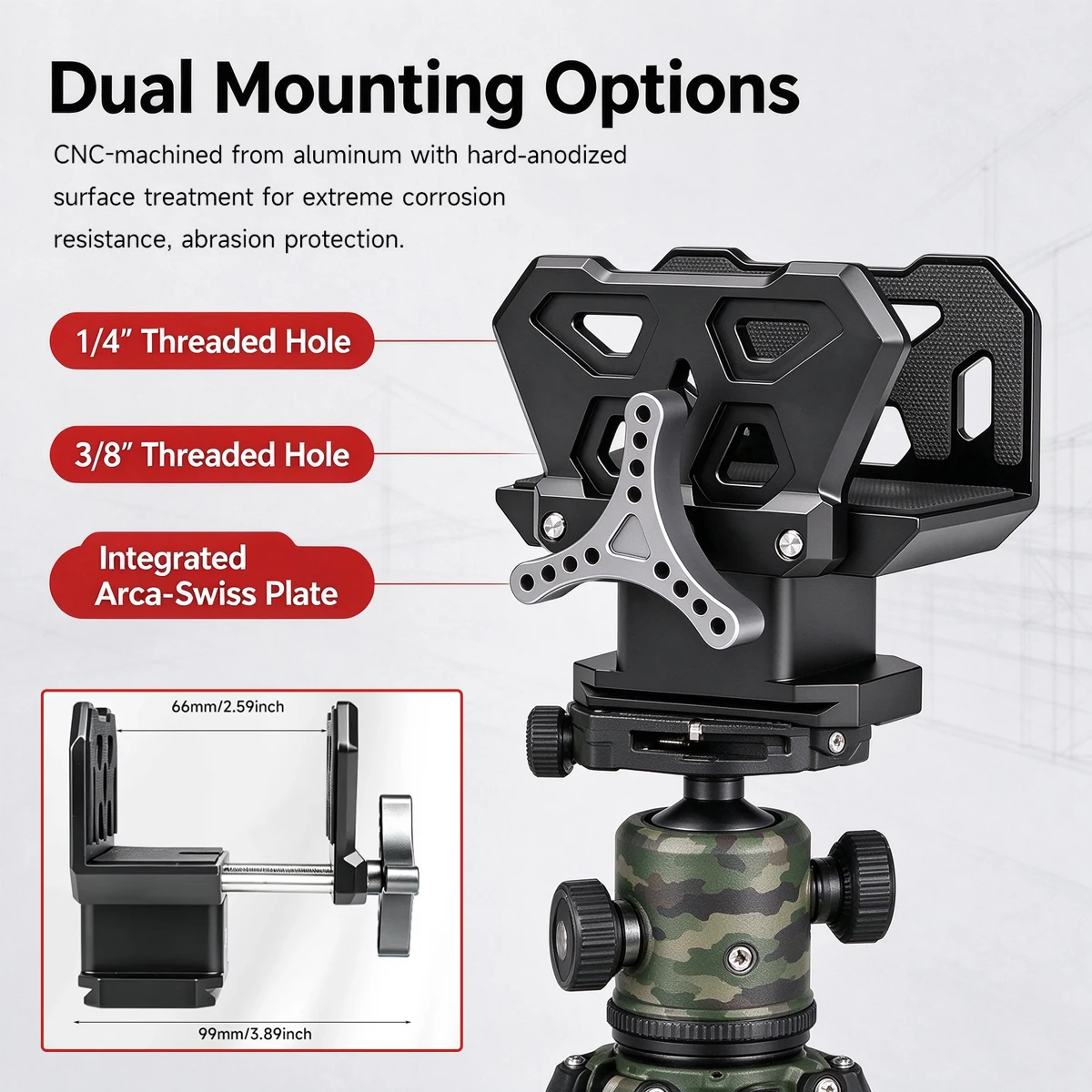 Precision Shooting Saddle Clamp Tripod Rest Aluminum Hard Anodized Anti Scratch Silicone Pad Adjustable ArcaSwiss Dovetail Base