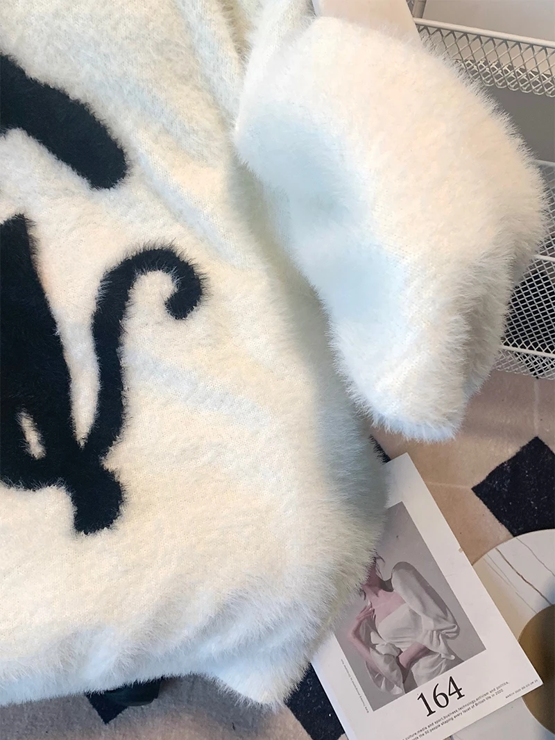 

American Sle Lazy Loose Knitted Sweater Long Sve Overhead Plu Warm Streetwear round Ne Winter Women's Top