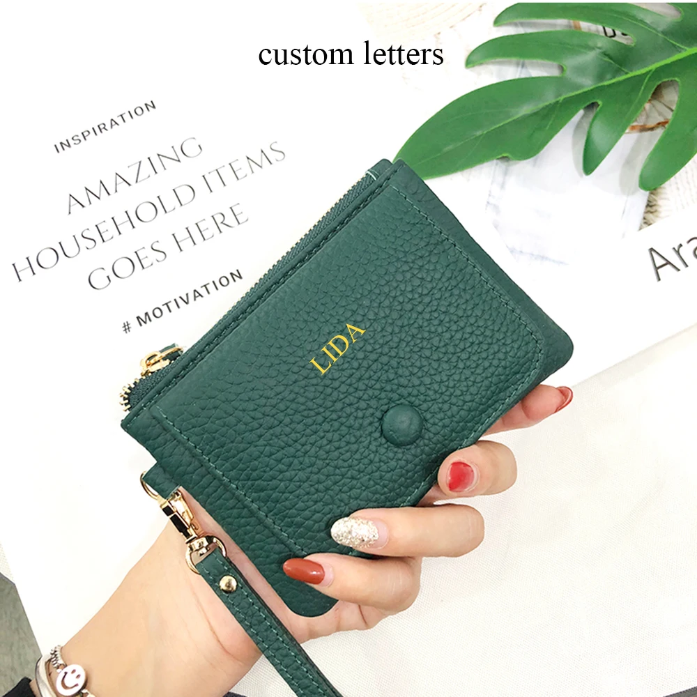 Custom Letters Women Coin Purse Genuine Leather Lady Keychain Card Holder Small Lanyard Wallet Personalize Name Zip Wristlet Bag