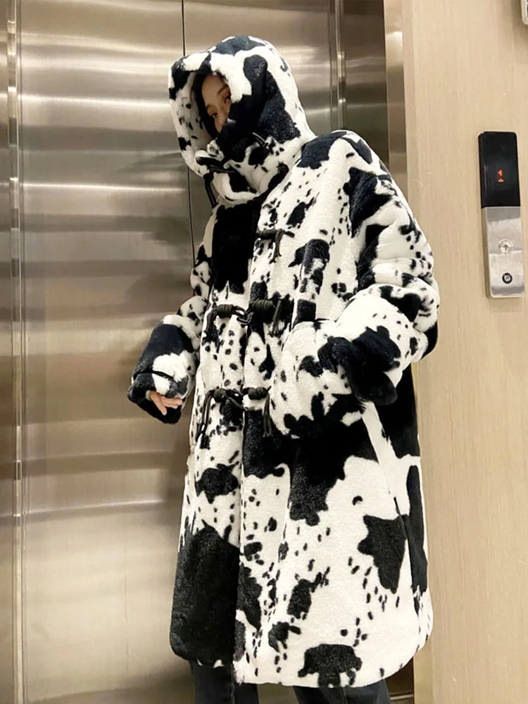 ZADORIN Fashion Winter Oversized Cow Printed Hooded Long Faux Mink Fur Coat Women Furry Faux Fur Jacket for Lovers Coats Man