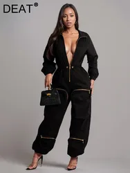 DEAT New Items Trendy Women's Long Sleeves Zipper Jumpsuit Fashion Turn-down Collar Pockets Pants Female 2024 Spring 33A1127