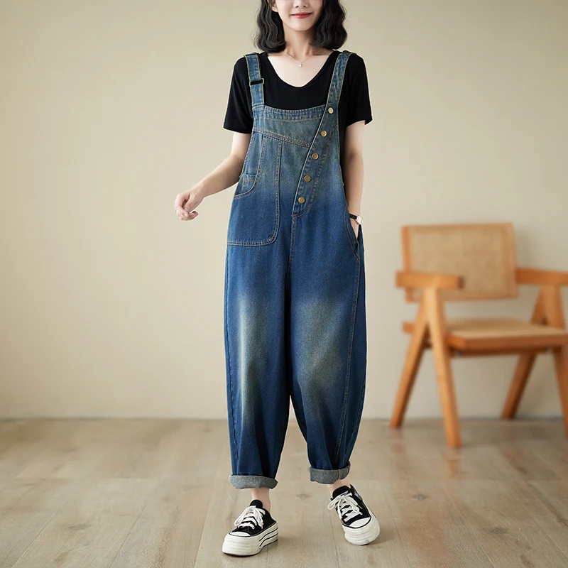 Jumpsuit Denim tidak teratur untuk wanita, jumpsuit Jeans tanpa lengan dengan kancing longgar klasik musim semi dan panas 1439