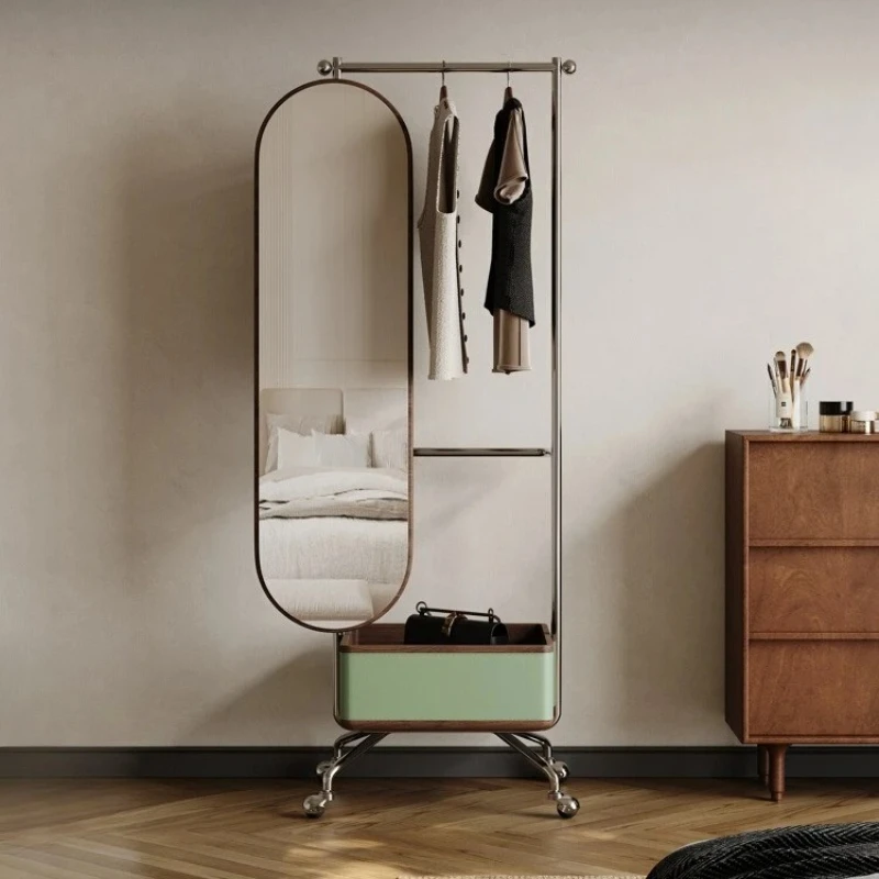 coat rack full-length mirror full-body mirror integrated saddle leather stainless steel removable  hanger with basket