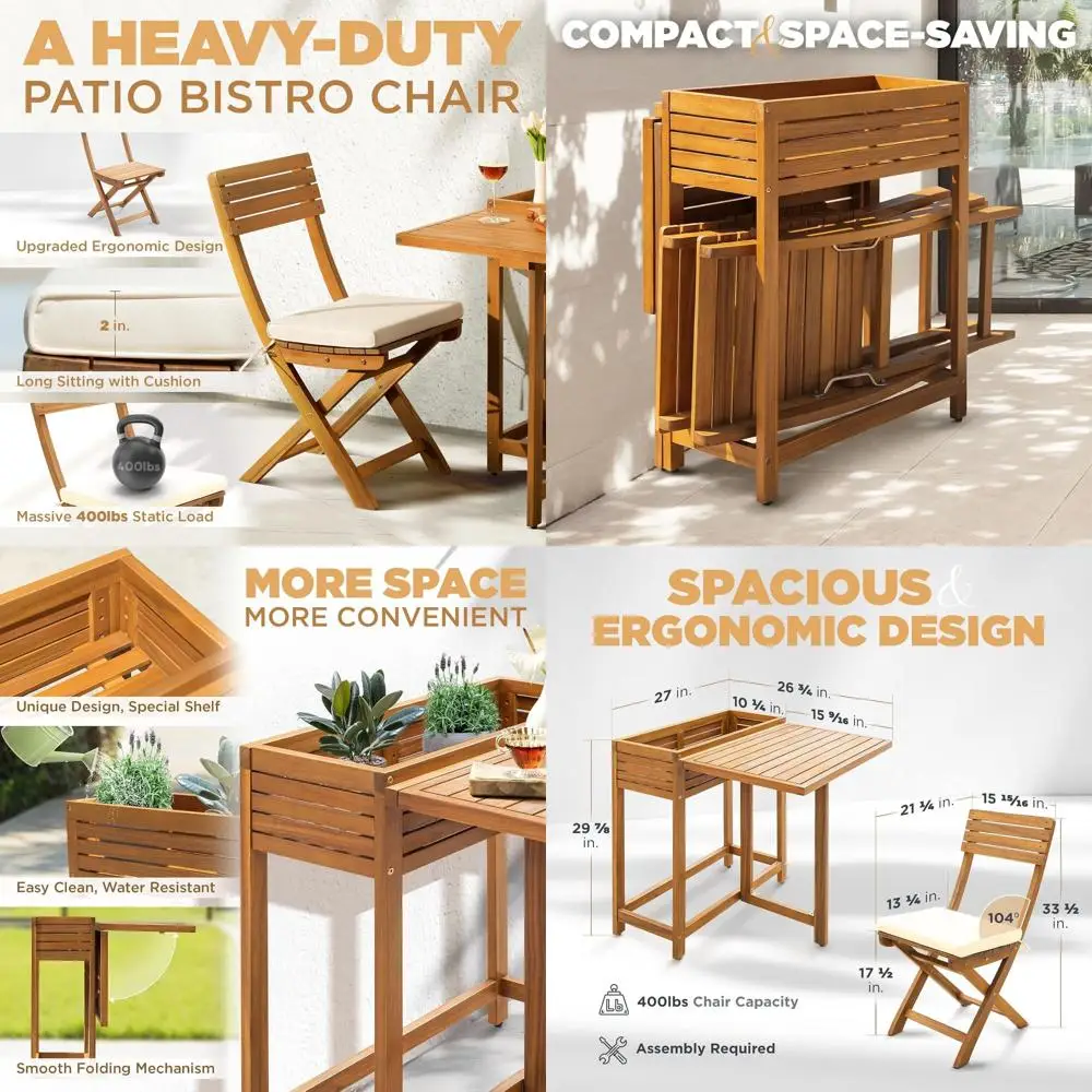 

Эргономичный набор для бистро из 3 предметов из акации с моющимися подушками и грузоподъемностью стула до 400 фунтов