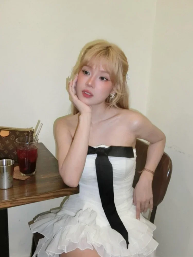 Sexy Strapless Bow Folds Ruffles Draped Mini Dress Women Sleeveless Backless Pleated Slim Dresses Elegant Evening Party Cocktail