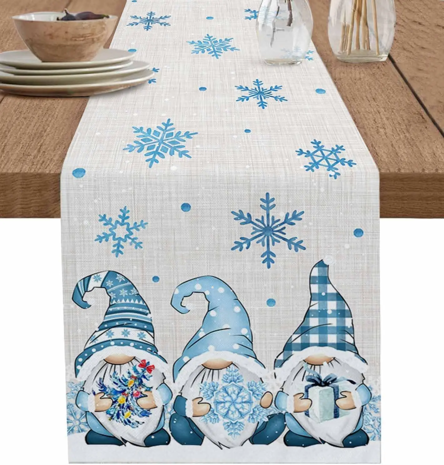 Christmas Blue Gnomes Snowflake Linen Table Runners Party Decor Winter Xmas Kitchen Dining Table Runner Christmas Decorations