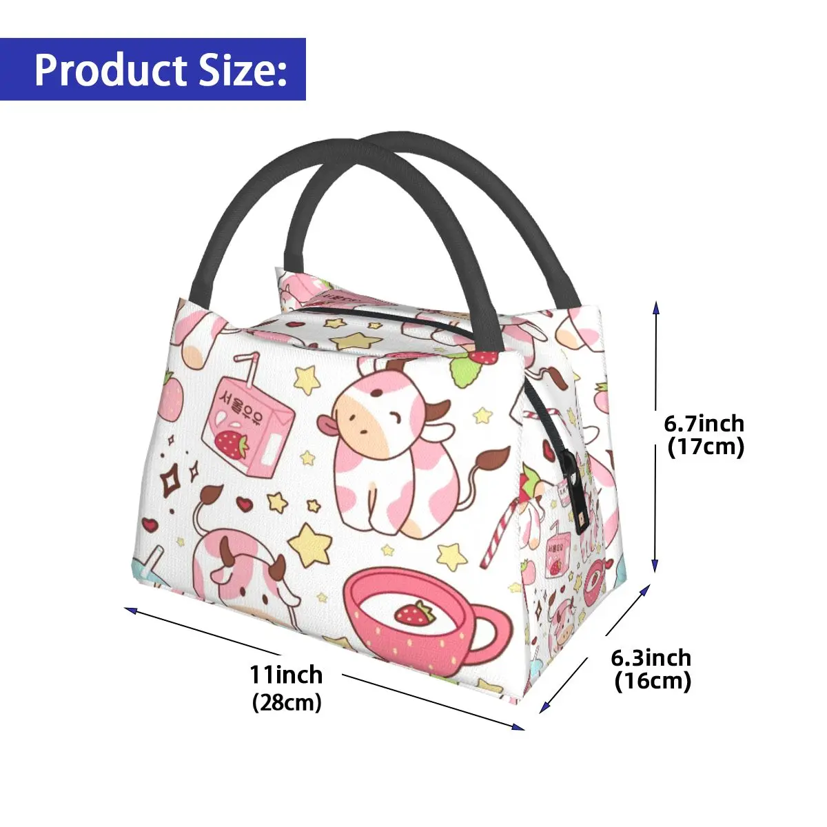 Aardbei Melk Roze Koreaanse Koe Kawaii Leuke Lunchtassen Bento Box Lunch Tote Picknickzakken Koeler Thermische Tas voor Vrouw Meisje School