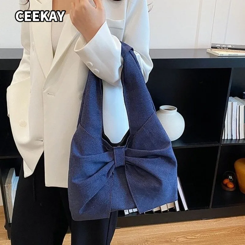 CEEKAY Washed Denim Hobo Underarm Tote Bag Large Three-dimensional Bow Decor Integrated Denim Long Shoulder Strap Magnetic Snap - view 2