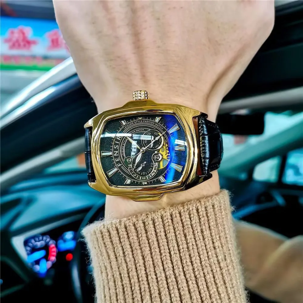 ساعات على الموضة الأوروبية والأمريكية الأكثر مبيعًا للرجال، ساعات كوارتز على شكل برميل النبيذ، ساعات عمل رجالية