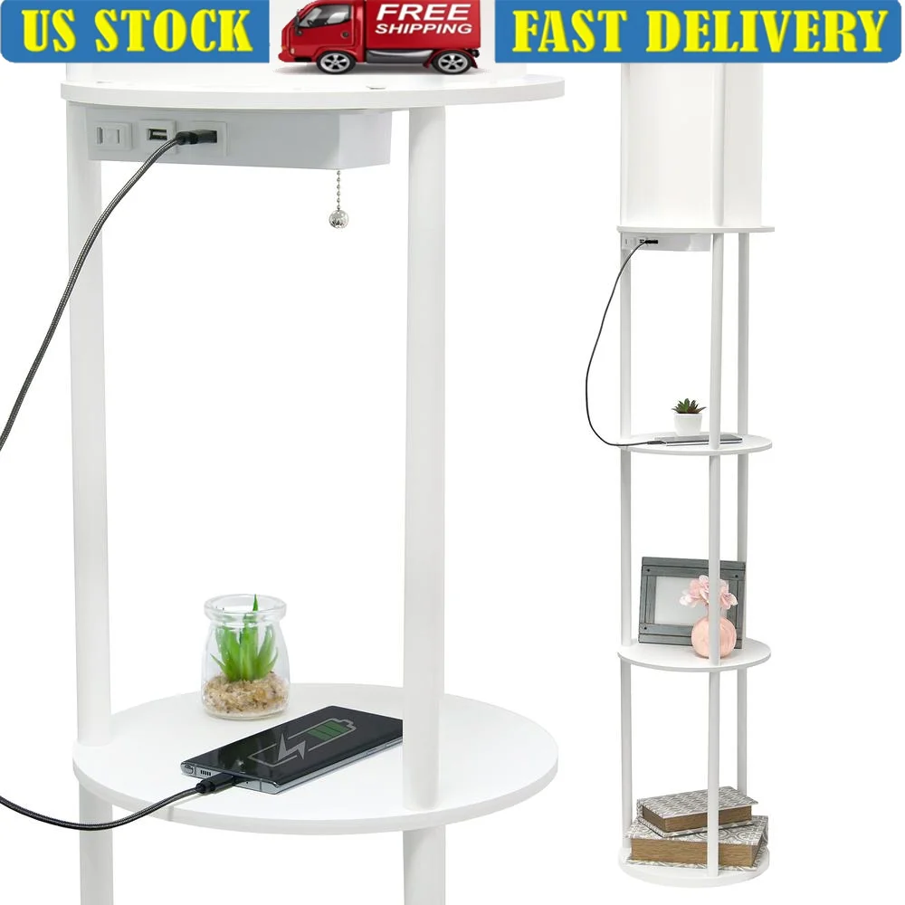 Modern Floor Lamp with USB Ports Outlet and Built-in Shelves White Etagere Organizer