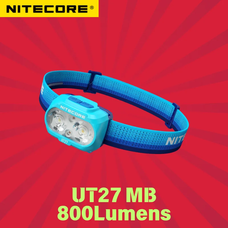 Налобный фонарь NITECORE UT27 MB для трейлраннинга, красное освещение, четыре источника света, 800 люмен, аккумулятор HLB1500 Li-ion.