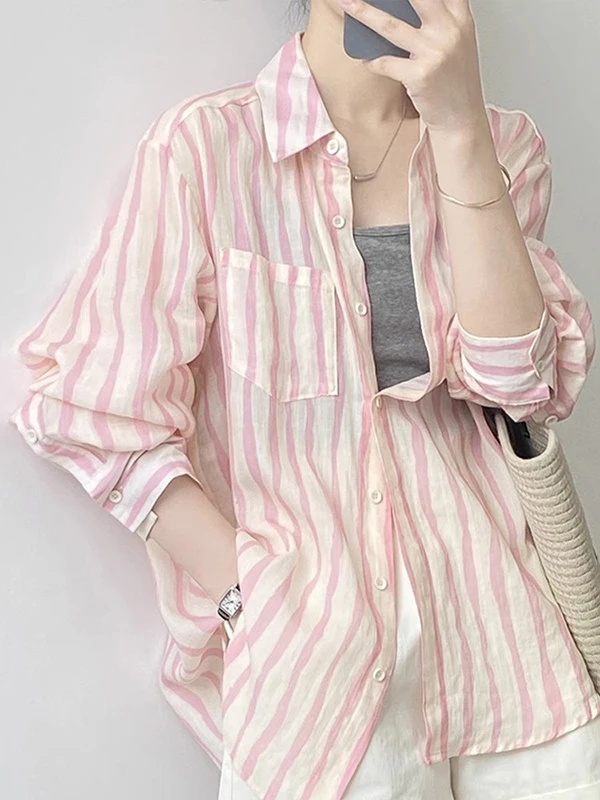 

Summer New Pink Striped Loose Casual Women's Shirt Sun Protection Fashionable All-Match Cotton Linen Blend Long Sleeve Top