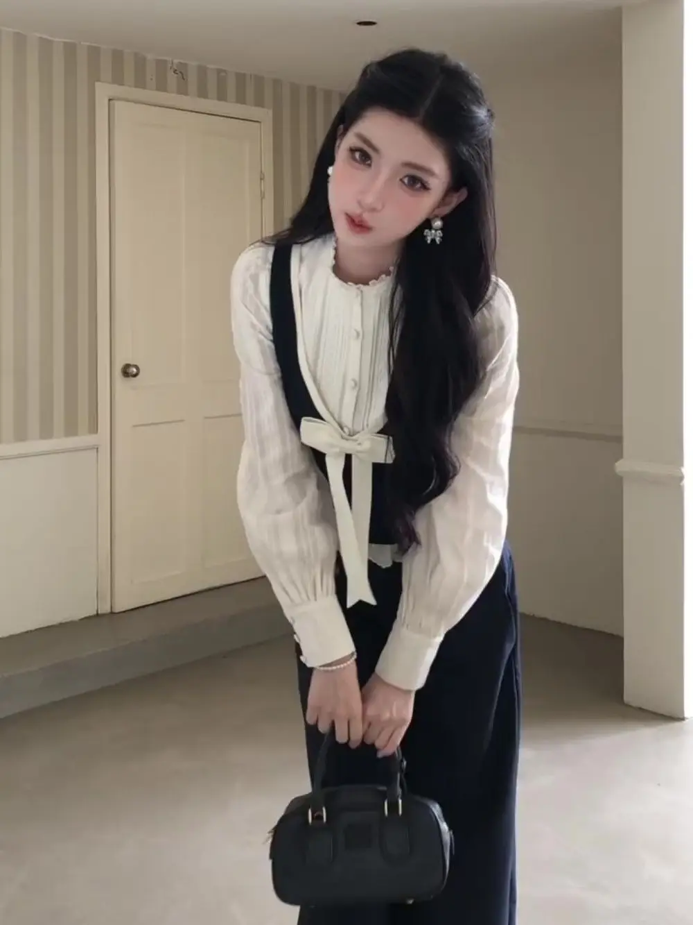 Coquette Elegant British 3 Piece Set Women Bow Tie Vest Long Sleeve Lace Blouse High Waist Wide Leg Pants Slim Fit Daily Outfit