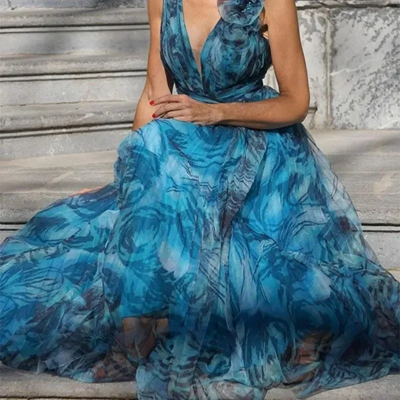 Robe de soirée à fleurs, style bohème, bleu paon, polo, imprimé, 2023