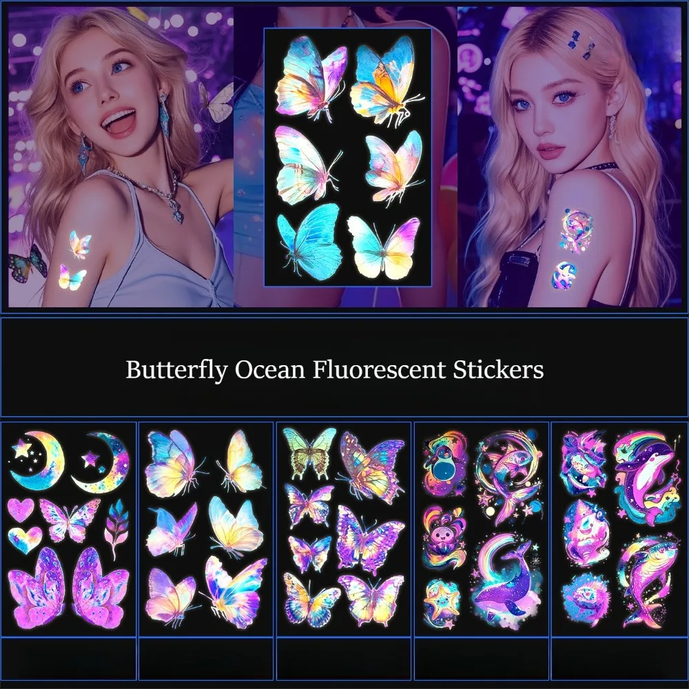 

﻿ 10 шт. временных флуоресцентных татуировок-бабочек с морскими мотивами, детские наклейки для лица и тела, забавные аксессуары для вечеринок, подарок (упаковка может отличаться)