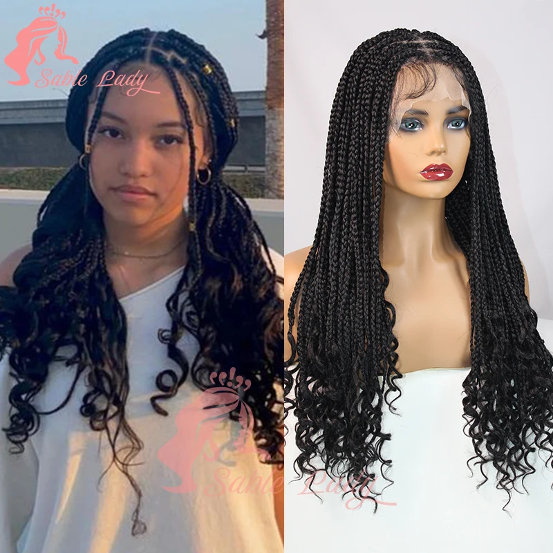 Perruque tressée synthétique avec extrémités bouclées, 24 ", Full Lace 360, French Curl Box Braids, Perruque tressée au crochet, Perruques tressées Cornrow sans nœuds