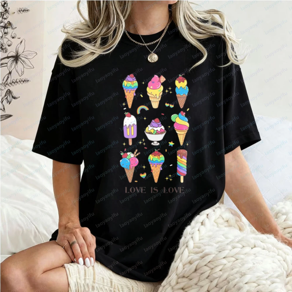 Ice Cream Rainbow Love Is Love Printing Shirt LGBTQ Equality Cotton Unisex Short-sleeve Tees Casual Summer Style Women's T-Shirt
