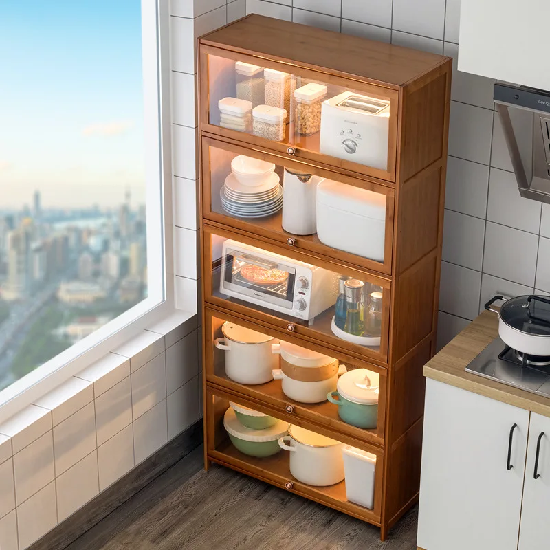 Kitchen supplies, microwave oven, storage rack, landing area, door, pot, bowl, dish, seasoning, solid wood cabinet, bookshelf