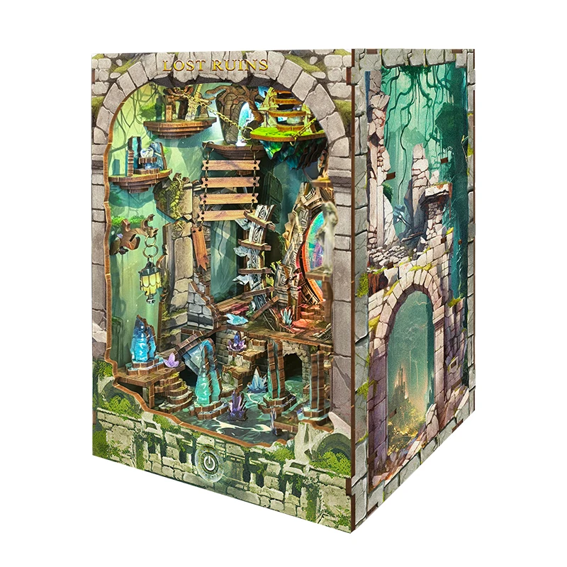 DIY Wooden Book Nook Lost Ruins Figurines Miniatures Bookend Handmade Bookshelf With Light for Friends Gifts Home Decor Crafts