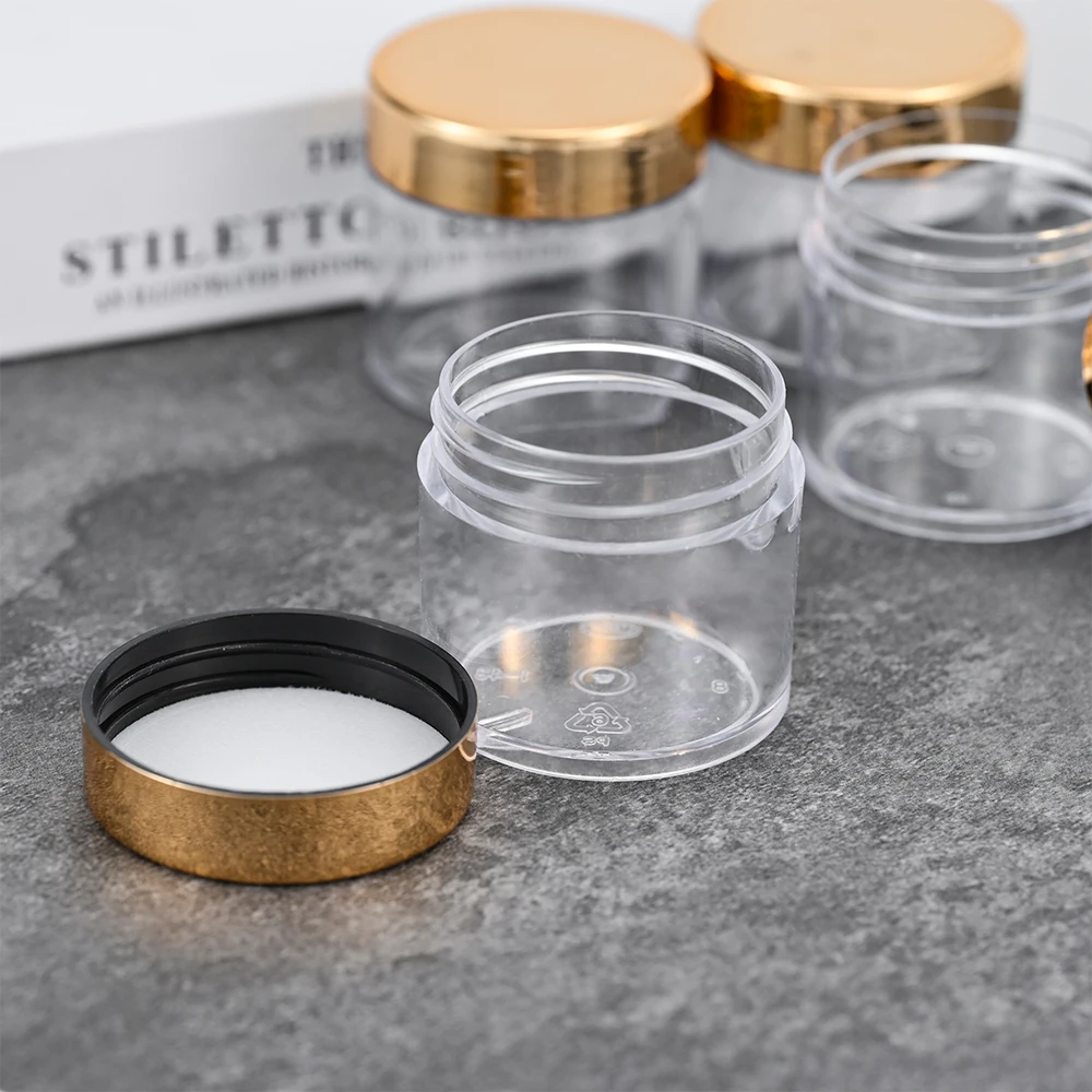 8 szt. Puste pojemniki do przechowywania ze złotą pokrywką na kosmetyki, puder do paznokci, żywność, butelki podróżne, przezroczyste plastikowe słoiki, próbki kremów do twarzy