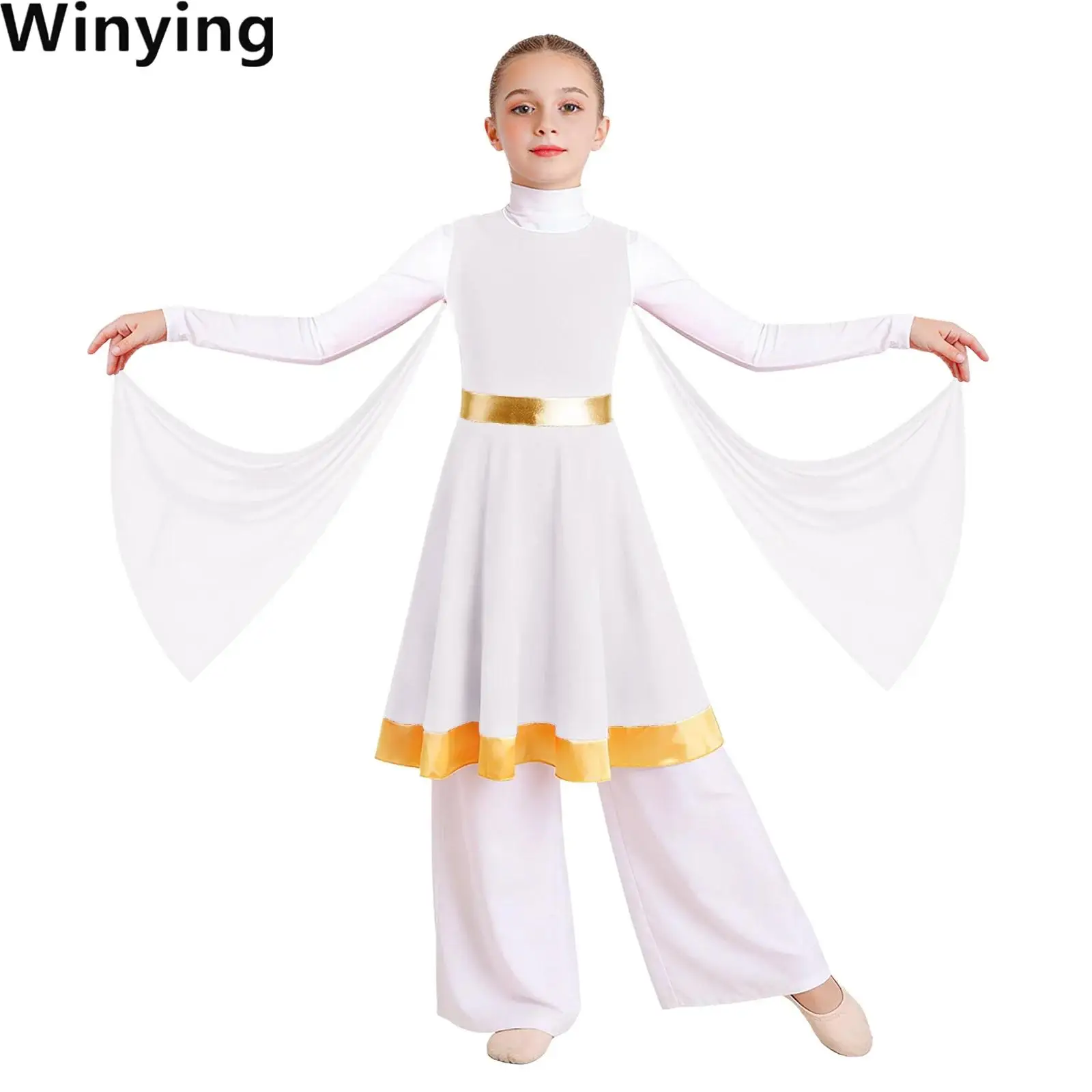

Kids Girls Worship Liturgical Praise Dance Robe Lyrical Dance Performance Costumes Long Sleeves Zip Tunic Dress with Mesh Drapes