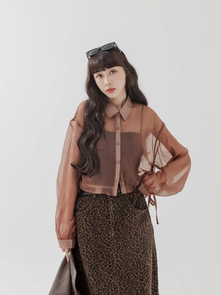 

QUEENOP Новая женская прозрачная рубашка осенне-зимней коллекции с боковой завязкой, повседневная, свободного кроя, из хлопка и полиэстера