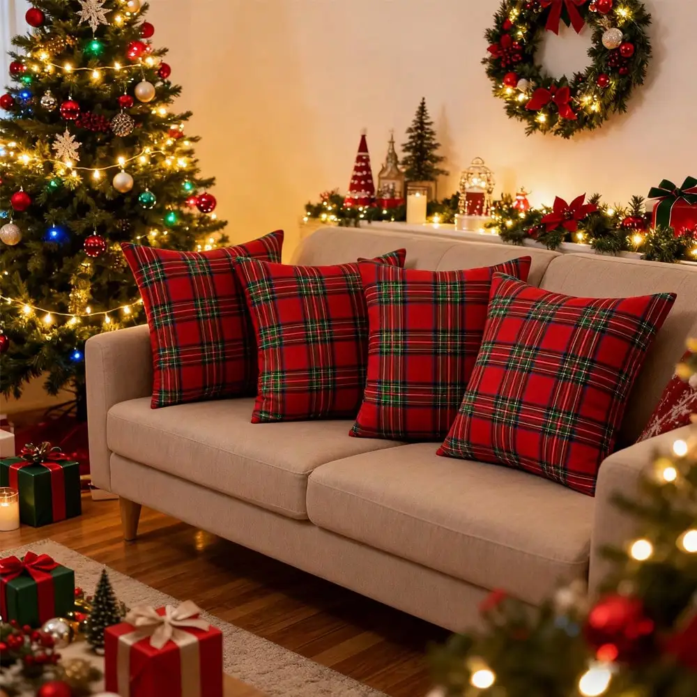 4-Pack Classic Christmas Plaid Cushion Cover, 17.72*17.72in Polyester Cushion Cover, Festive Red Plaid Design, Suitable For Christmas, Everyday, Sofa, Bed, Car And Home Decoration (Pillow Core Not Included)