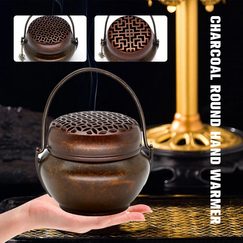 Vintage Round Heating Small Hand Stove Ancient Charcoal Burning Portable Stove Hanfu Palace Pure Copper Sandalwood Incense Stove