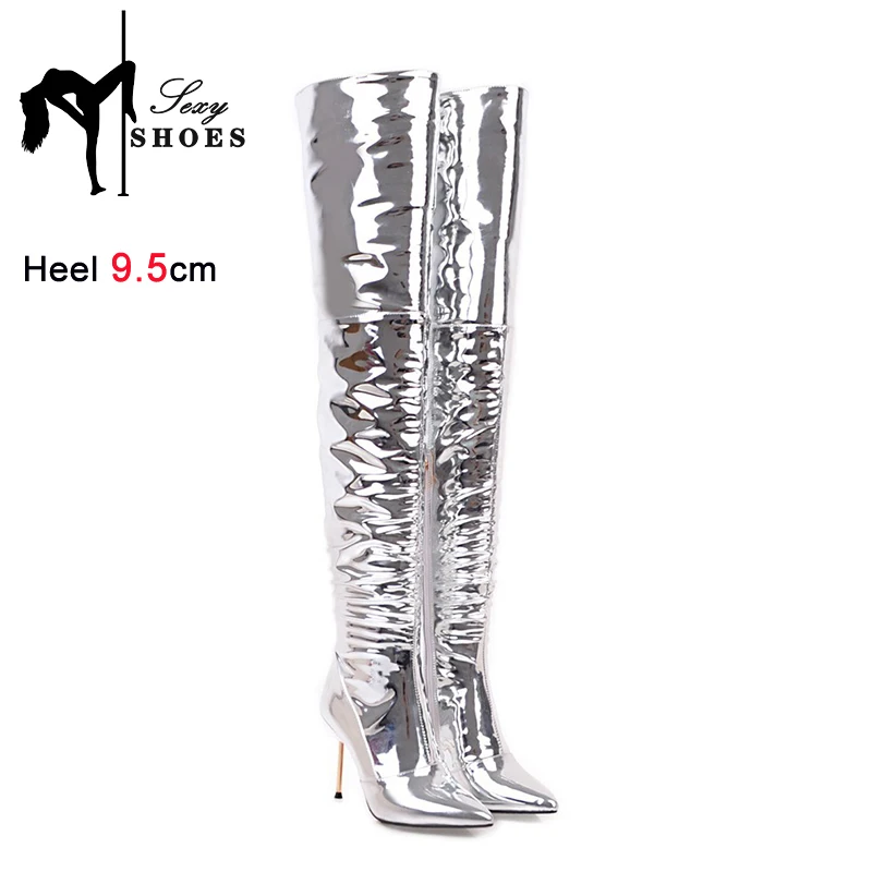 Silver Thigh High Boots Ladies Fetish High Heels Nightclub Over Knee Dancing Shoes Big Size 43 Winter Pointy Toe Boots For Women