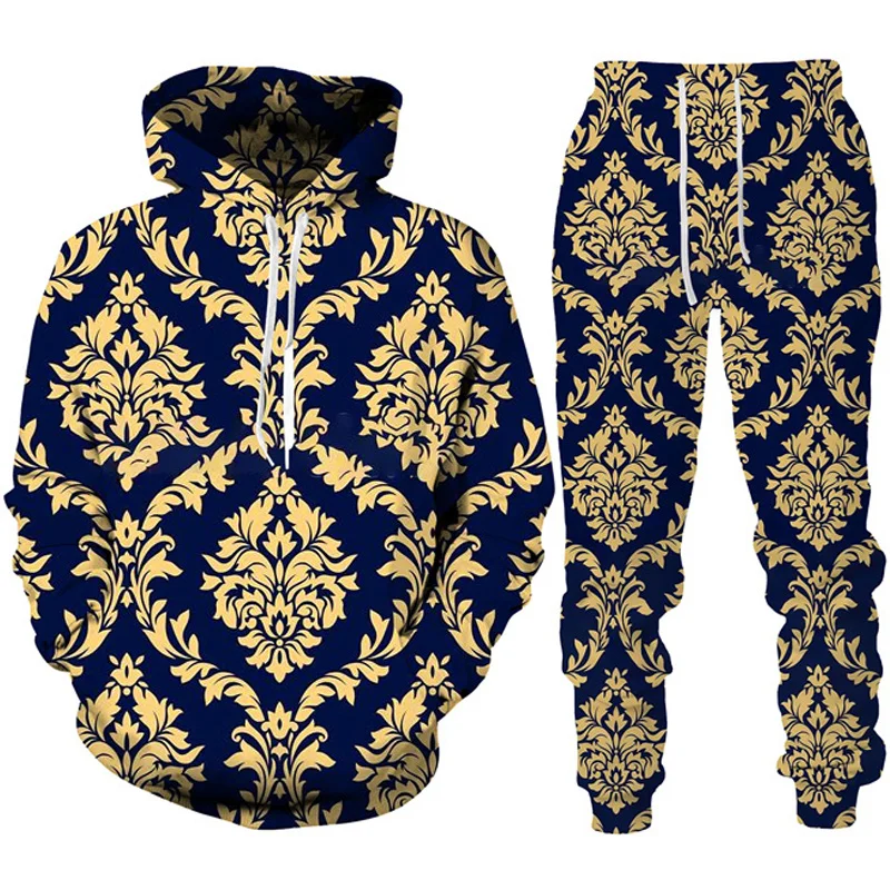 Baroque Court Style Hoodie/Suit Men's Luxury Golden Flower 3D Printed Sweatshirt&Trousers Set Fashion Unisex Streetwear Clothing