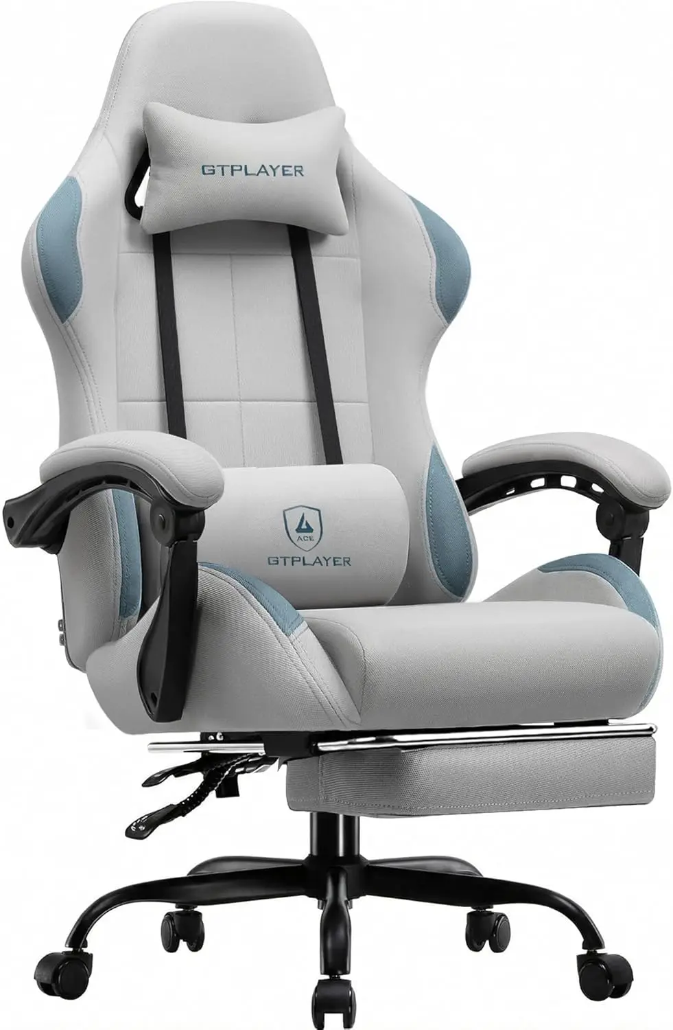 Gaming Chair Fabric with Pocket Spring Cushion, Ergonomic Office Chair with Lumbar Support, Linkage Armrests and Footrest,