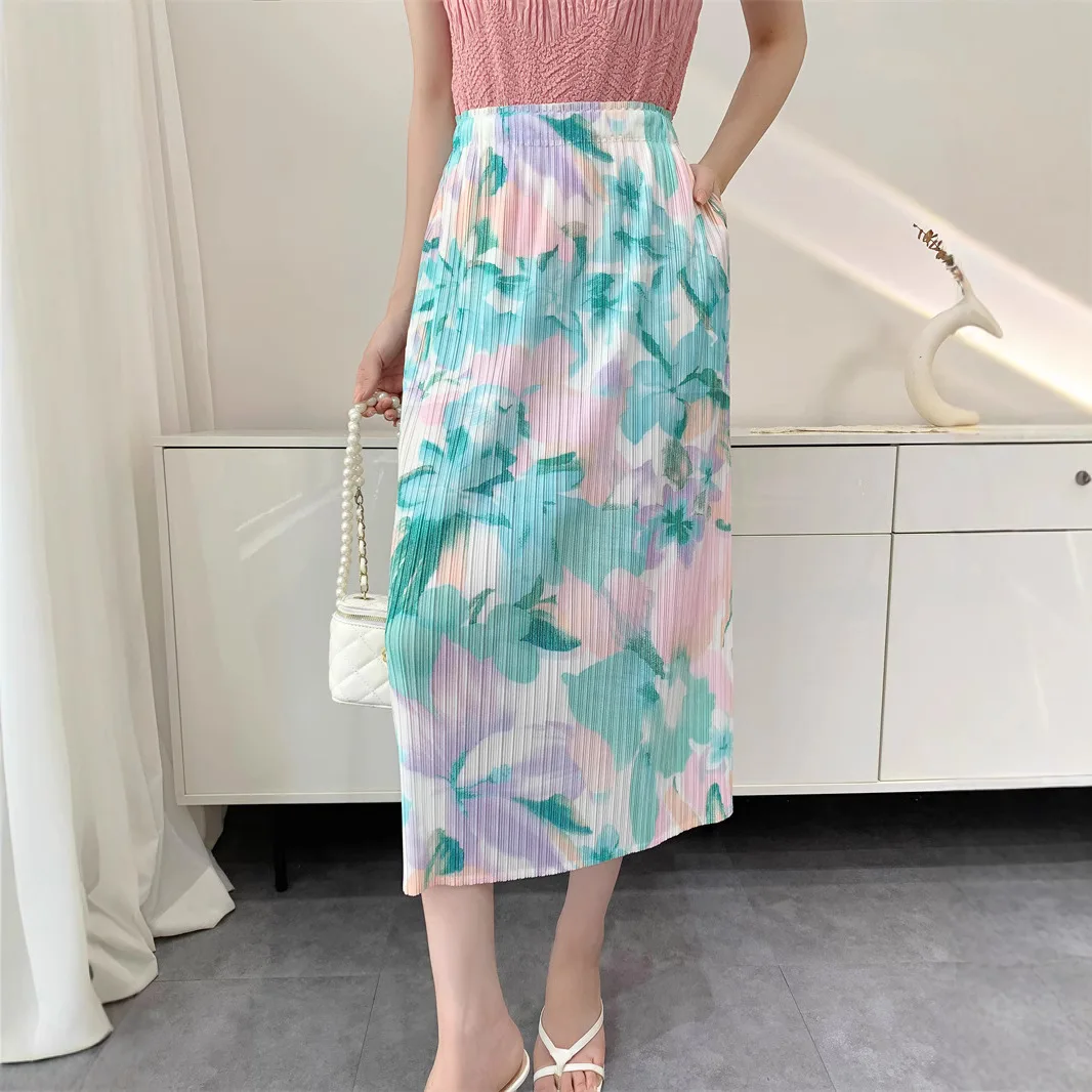 

Miyake Style Skirt for Women 2025 Summer New Digital Printed Pleated Skirt Slit Comfortable Casual Pleated Skirt