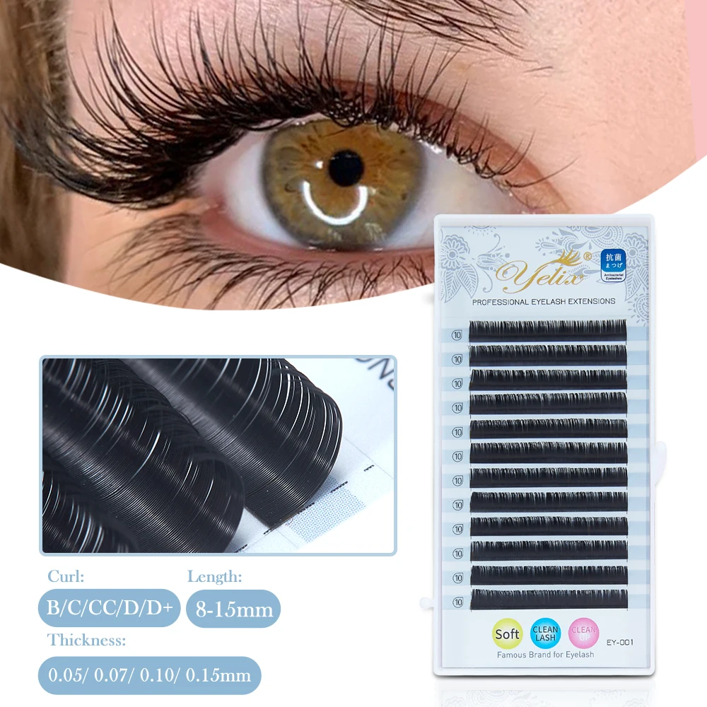 Yelix-extensión de pestañas Individual clásica, 12 filas, pestañas rizadas B C D, pestañas naturales suaves negras, maquillaje de pestañas postizas de seda