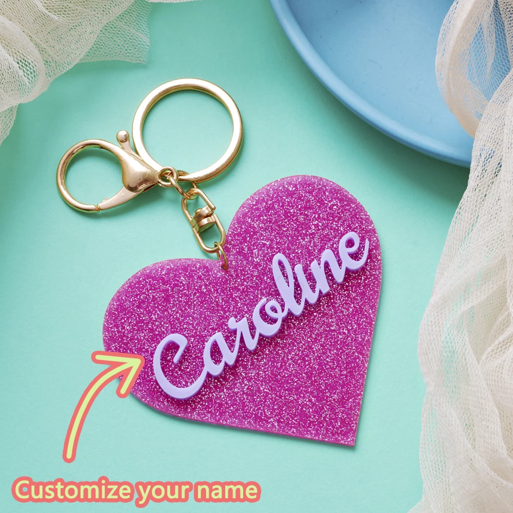 1PC Custom PMMA Keychain - Personalized Heart-Shaped Sparkly Accessory | Laser Engraved Daily Use Gift for Teens