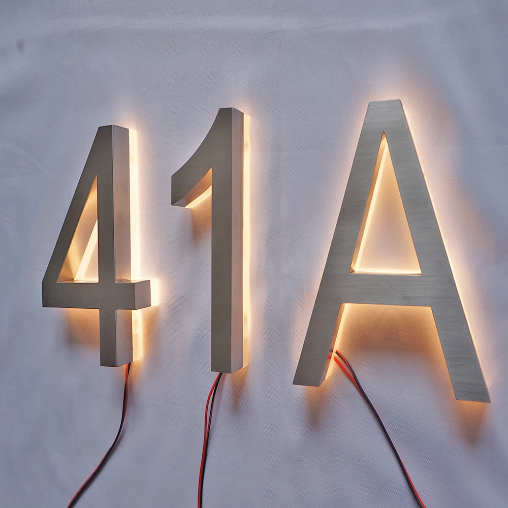 

8-дюймовый настенный монтаж из трех матовых нержавеющих стали, теплый белый цвет, светодиодная подсветка, канал, буквы с подсветкой, номера домов