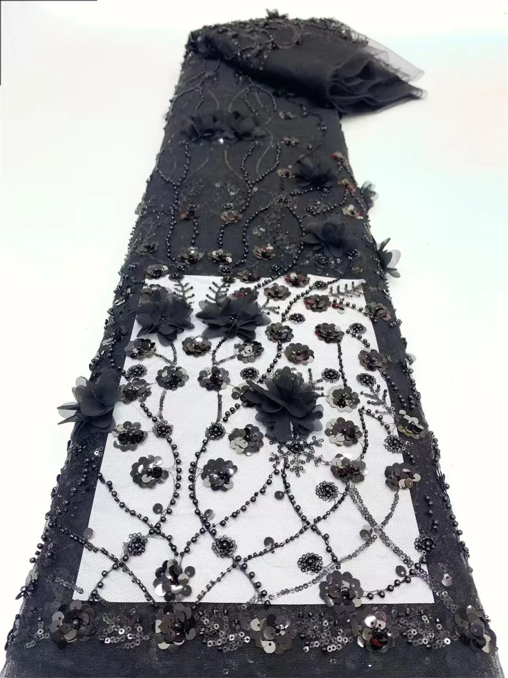 High Quality African Lace Fabric 2024 French Net Sequins Fabric Black Embroidered Lace Tulle Nigerian Lace Fabric 5Yards