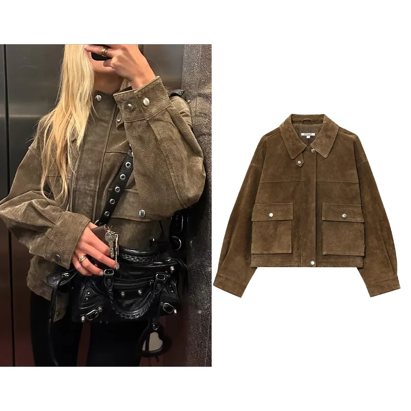 

HipSeam Women Leather Jacket Autumn Fashion Turn Down Collar Long Sleeve Pcoket Short Coats with Button Causal Female Tops