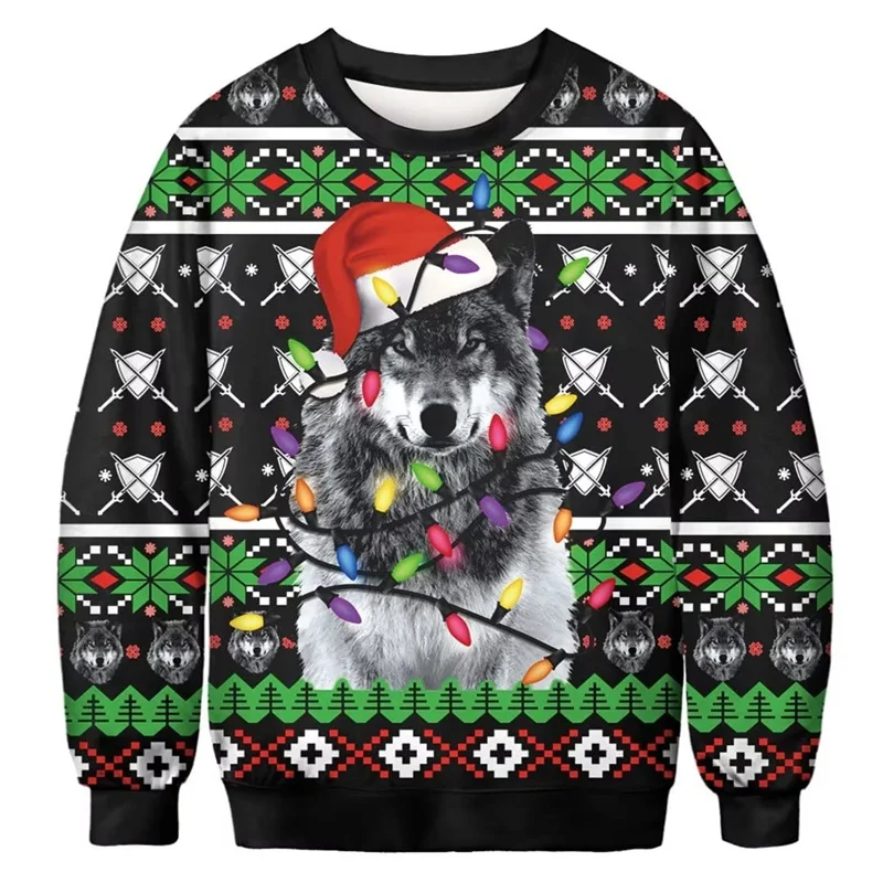 3D Printed Merry Christmas Hoodie For Men Funny Wolf Cat Pattern Sweatshirt Autumn Loose Casual Long Sleeves Round Neck Tops