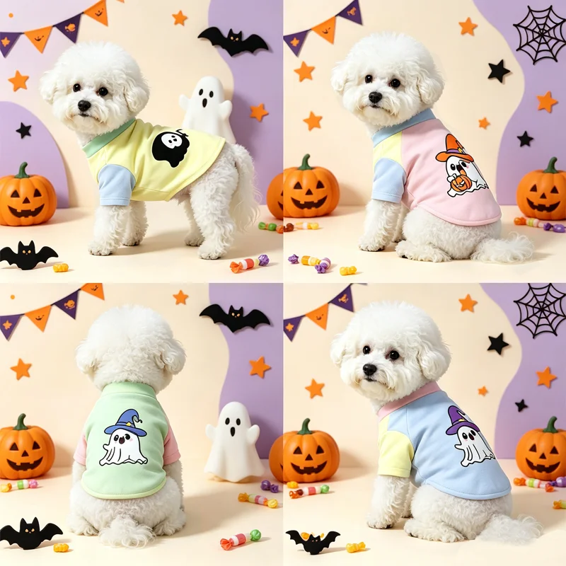 Halloween Cute Ghost Print Pet T‑Shirt Cats & Dogs Soft Cotton Clothes Outfit For Bichon French Bulldog Holiday Party Costume
