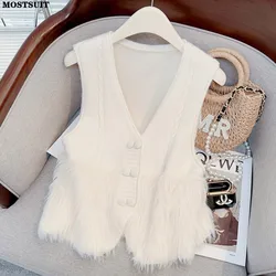 Faux Mink V-neck Knitted Sweater Vests Women Sleeveless Double-breasted Elegant Loose Tops 2023 Autumn Solid Fashion Chic Vest