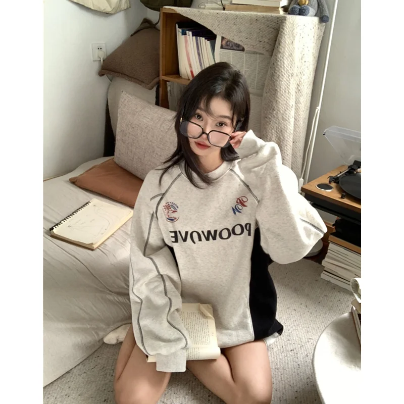 Women Clothing Vintage Street Sweatshirt Splicing Y2K Letter Printing Round Neck Pullover Long Sleeves Warm Oversize Ladies Tops