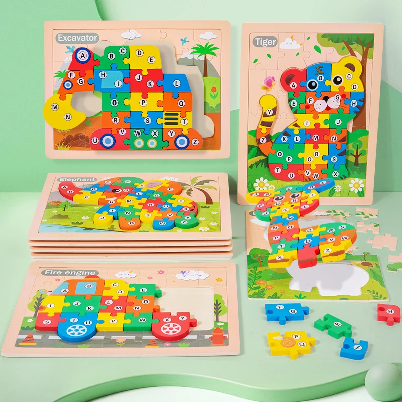 

26 PCS Letters Wooden Puzzle Learning Toys for Kids, Three-in-one Gameplay wooden puzzle, Educational Gift for Preschool Kids